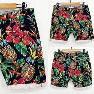 Hudson & Barrow Men's Navy Tropical Pineapple Print Chino Bermuda Shorts 32”